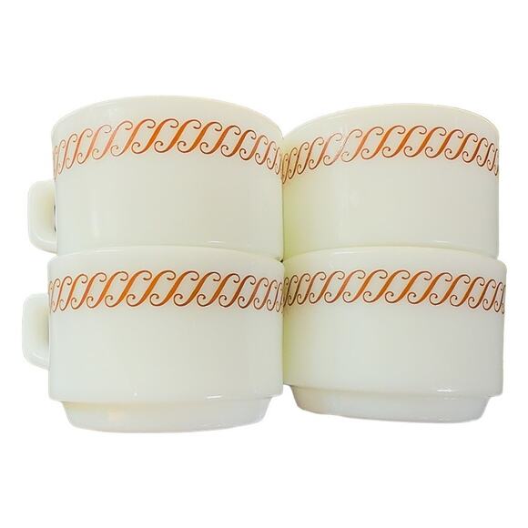 Pyrex Regency Brown Scroll Milk Glass Stackable Diner Coffee Cups Set of 4 - Picture 9 of 9